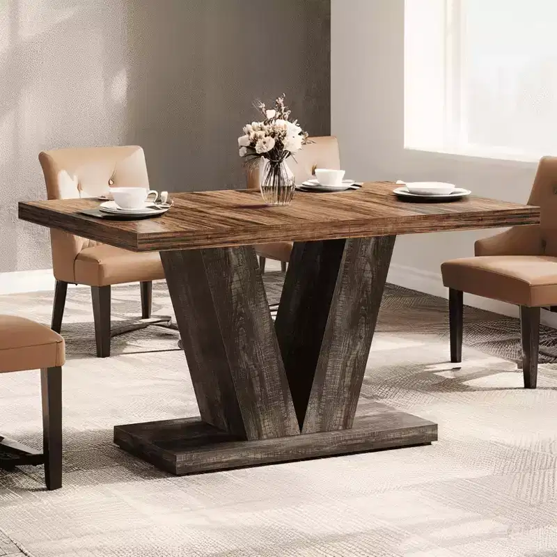 MAYEERTY 47 Inch Farmhouse Dining Table, Wooden Kitchen Dinner Table with Heavy Duty Pedestal Base