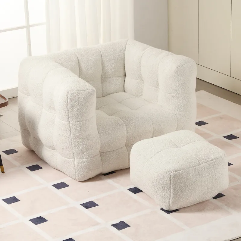 HOMEFUN Boucle Upholstered Tufted Modern Single Side Sofa Chair with Ottoman
