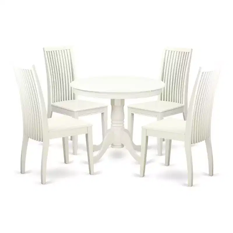 Kitchen Table 5-Piece Round Dining Table & 4 Chairs Linen White Modern Bistro