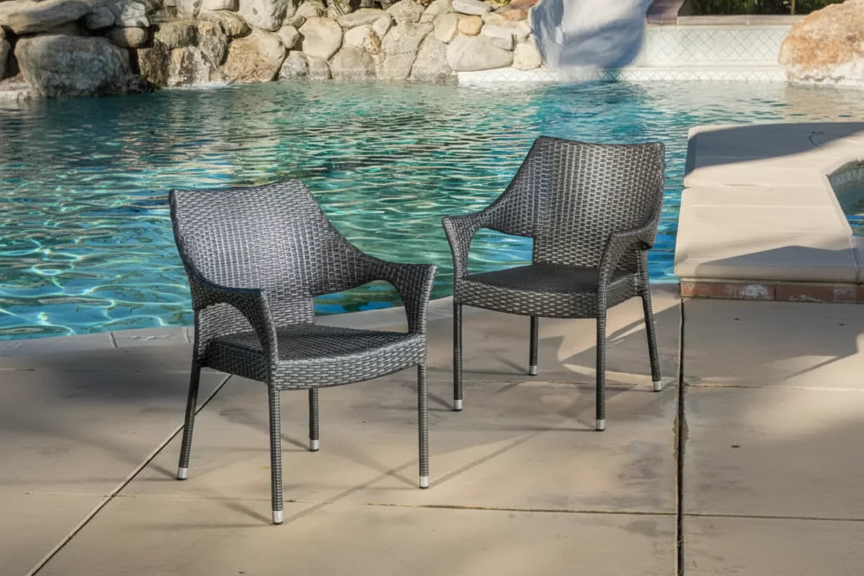 Gray PE Wicker Stackable Armchair, Weather Resistant, Space Saving for Patio