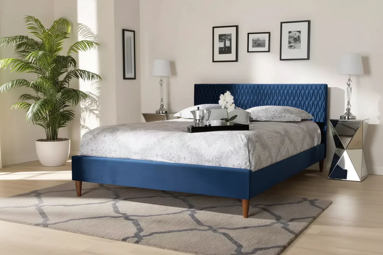 Queen Platform Bed in Navy Blue Velvet, Mid-Century Tapered Legs