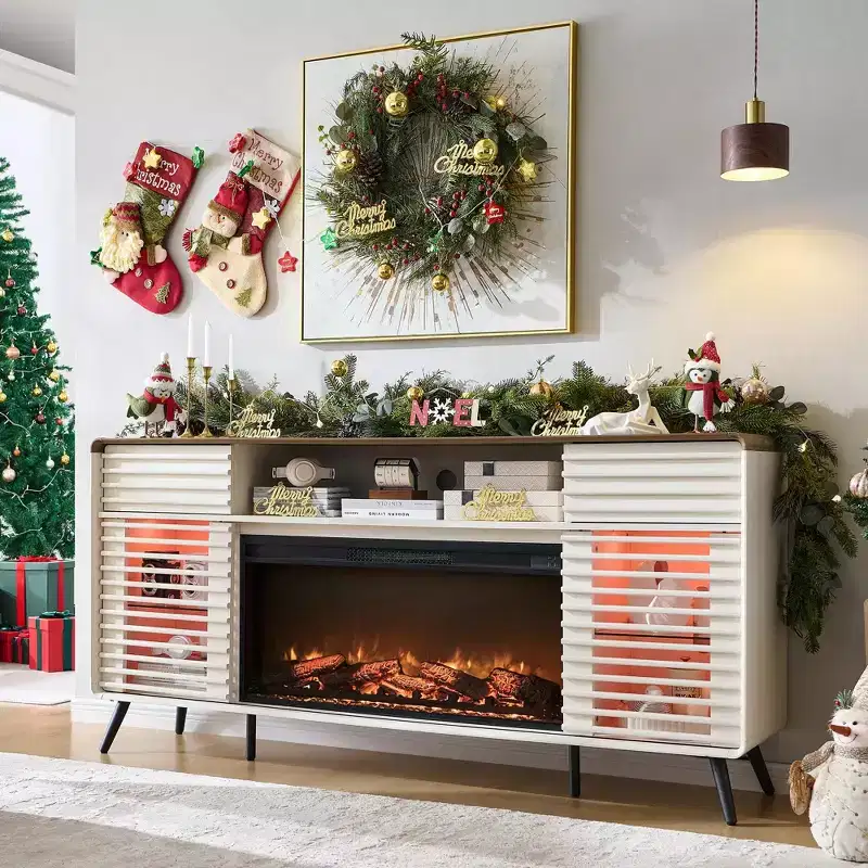 SinCiDo 70 Fireplace TV Stand, for 80 TV, w/ 36 Electric Fireplace, Remote Control, 3D Types of Flames & LED Lights, Slatted Sliding Doors,Drawers
