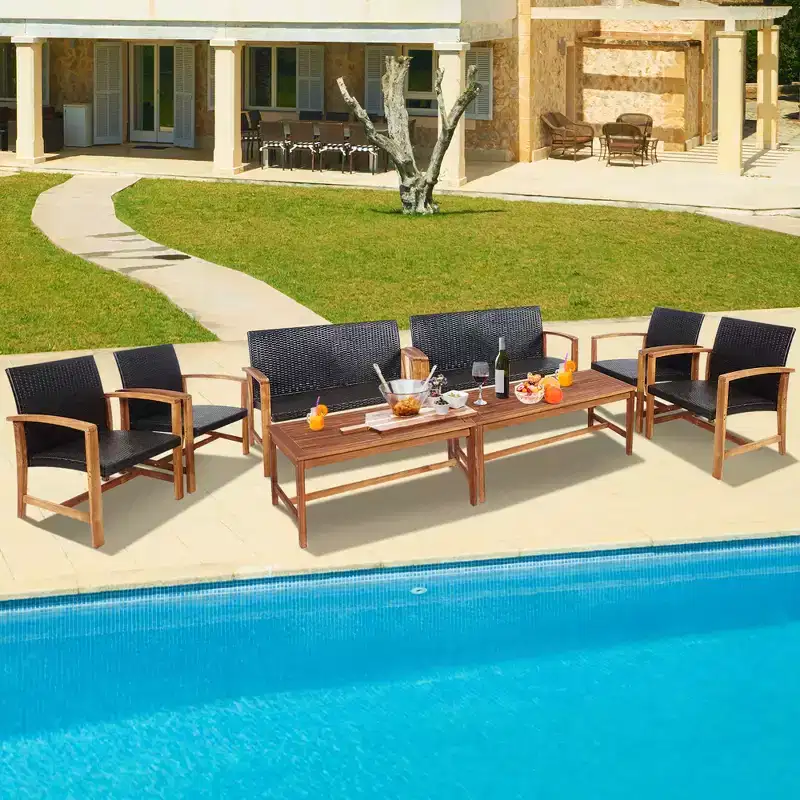Costway 8PCS Outdoor Patio Rattan Furniture Set Acacia Wood Frame Sofa Loveseat Garden
