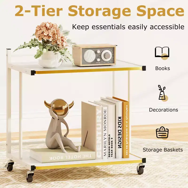 Costway 2PCS Mobile Side Table w/Open Shelves Golden Trimmed Edges Lockable Wheels