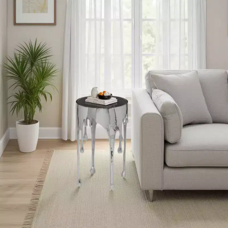 Royal Hampton Side End Table | 24.75 Inch Round Glass Top | Melting Drip Design | Silver