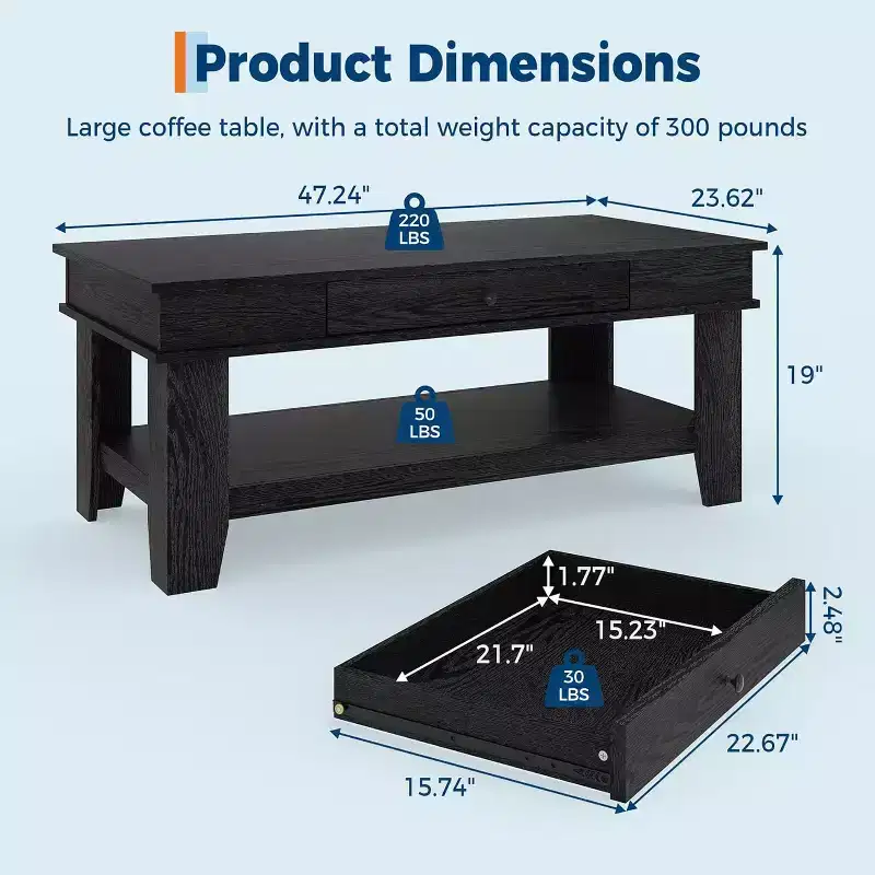 Rustic Rectangular Coffee Table - Living Room Center Table with Drawer & Open Shelf, Stable 4-Leg Structure, Heavy Duty Storage Design