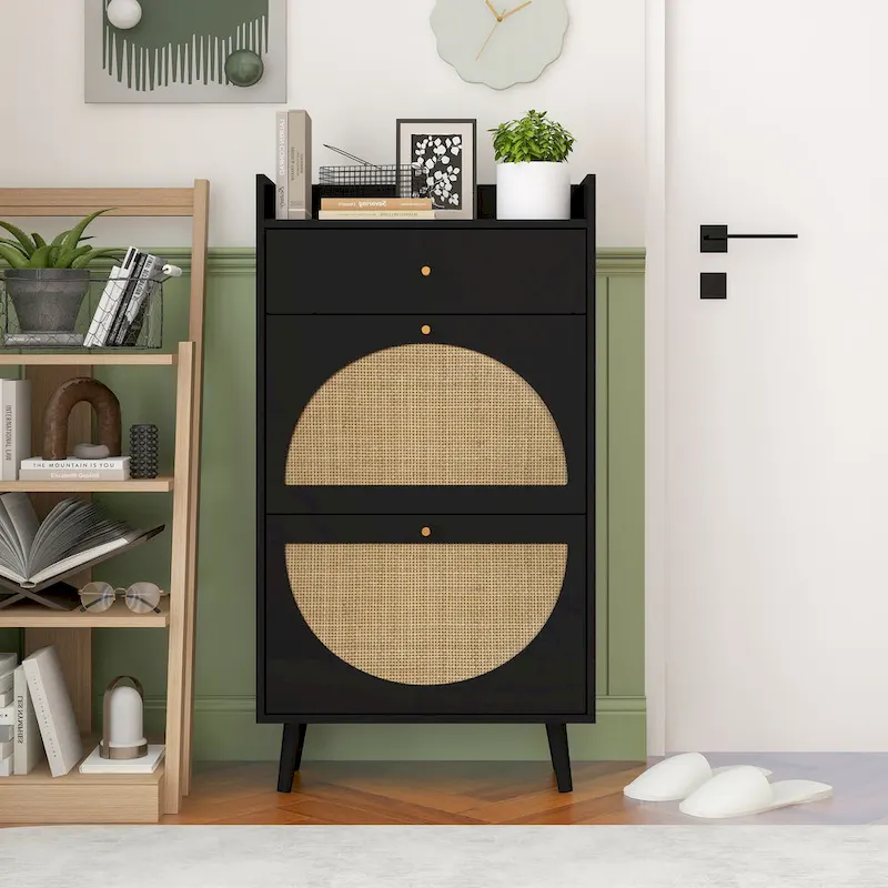 Black Rattan 2-Door 1-Drawer Shoe Cabinet, Single Unit