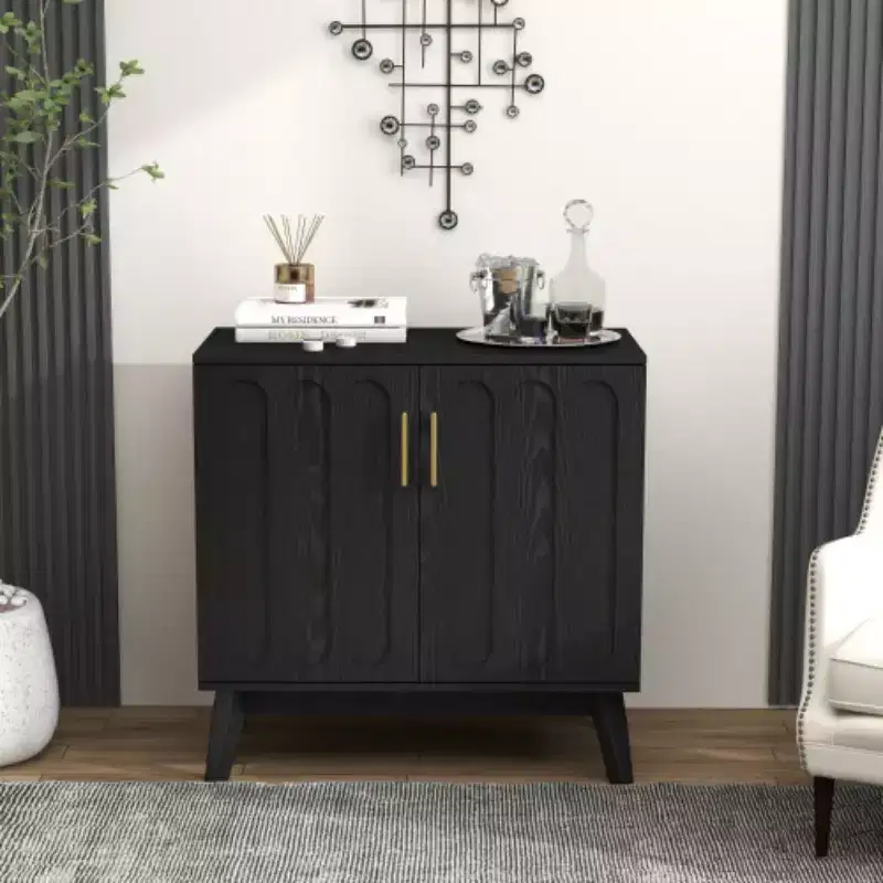 32 Mid-Century Modern Fluted Accent Storage Cabinet, Small 2-Door Sideboard with Solid Wood Legs and Gold Handles - Panipeachy
