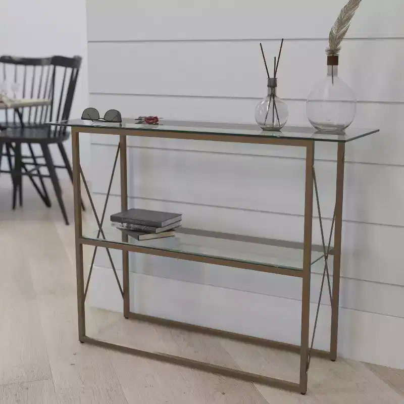 Modern Clear Glass Console Table — Gold Crisscross Frame, 2 Tempered Glass Shelves