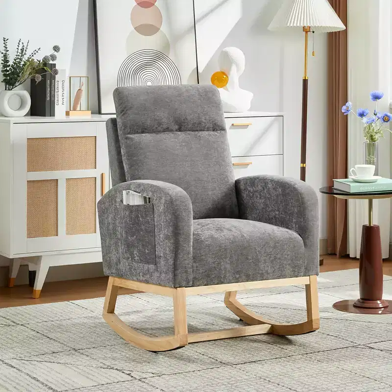Modern Teddy Fleece High Back Rocking Chair, Upholstered Nursery Glider with Padded Armrests, Side Pockets and Wood Legs for Living Room and Bedroom