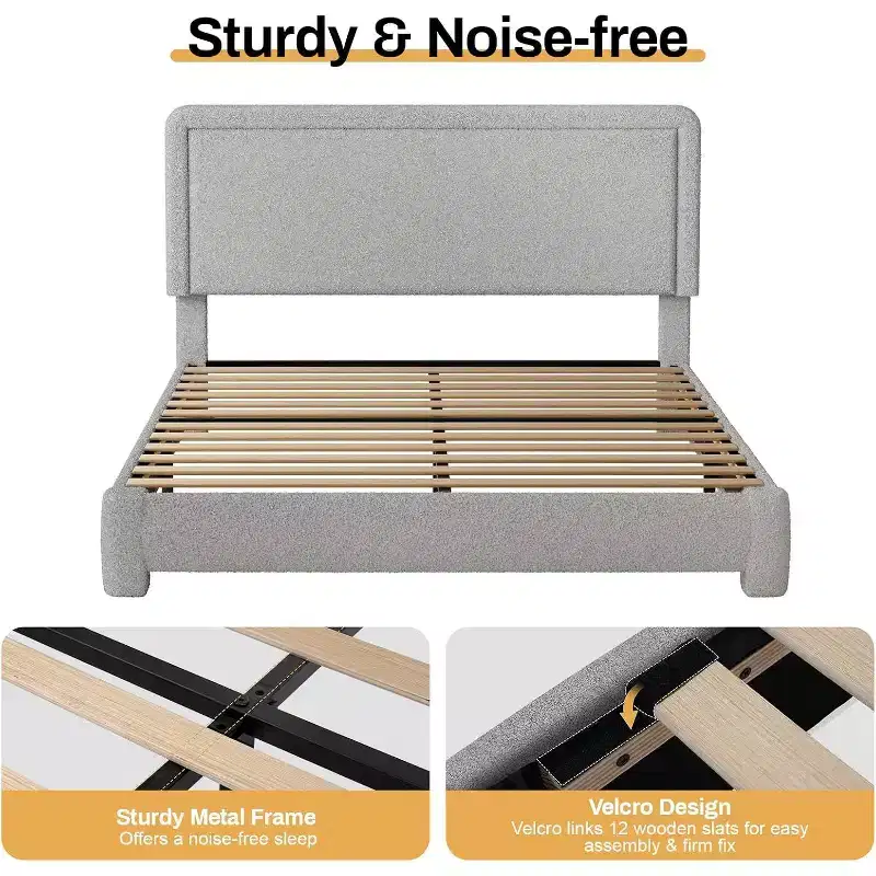 Boucle Bed Frame, Gray Upholstered Teddy Fabric Bed Frame with Headboard, Adjustable Headboard, Easy Assembly