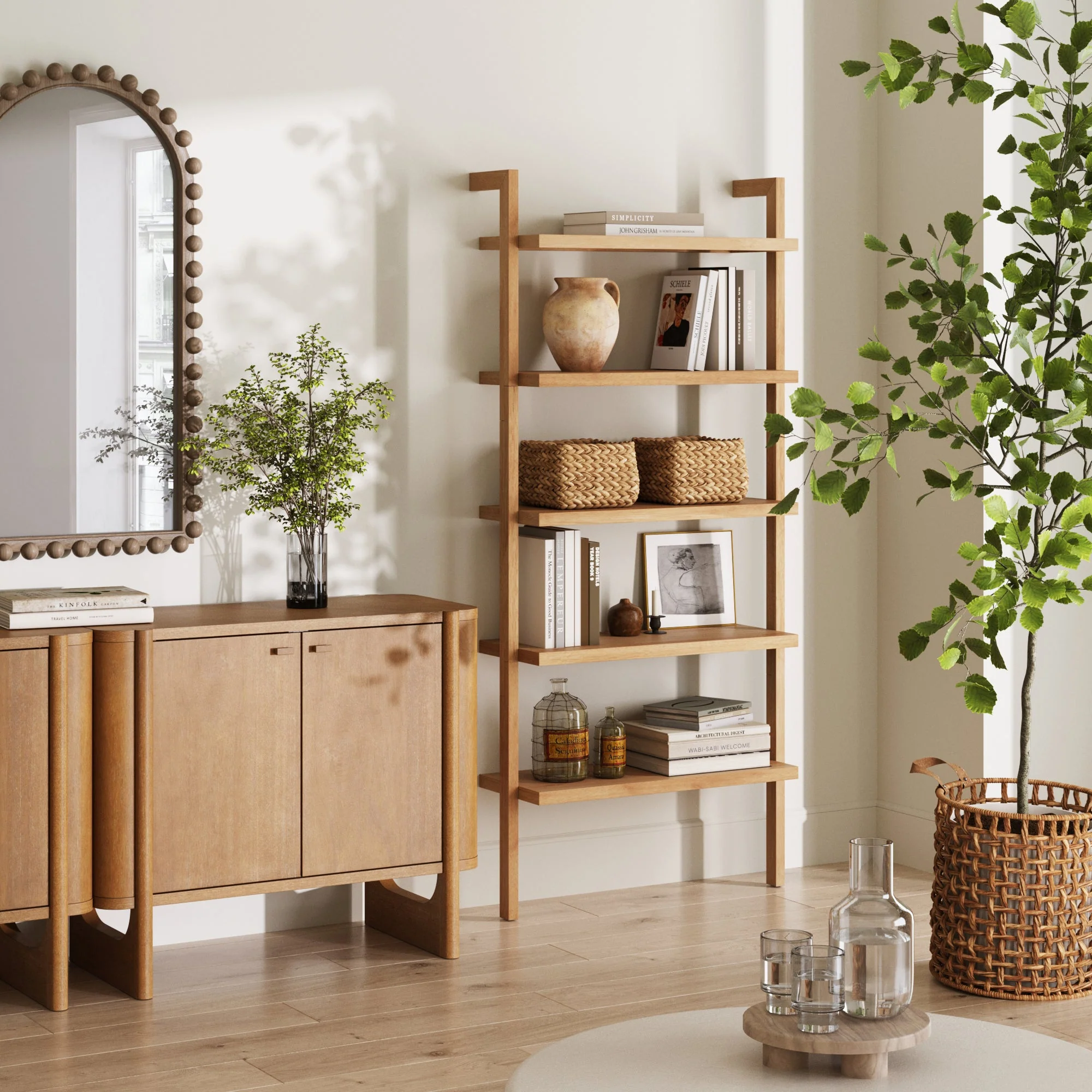 Wood 5-Shelf Ladder Wall Bookshelf Warm Pine