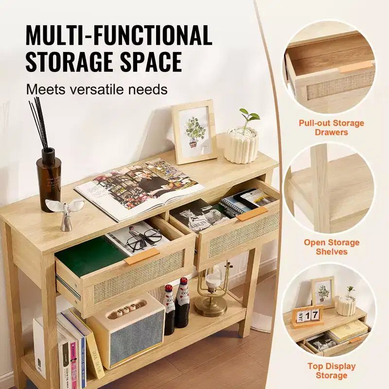 Rattan Console Table with 2 Drawers and Sliding Rattan Door Entryway Sofa Table for Living Room