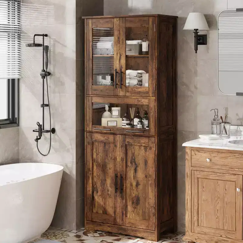 Tall Bathroom Cabinet, 67 Storage Cabinet with Glass Doors & Adjustable Shelf, Freestanding Cupboard for Small Spaces, Laundry, Living Room