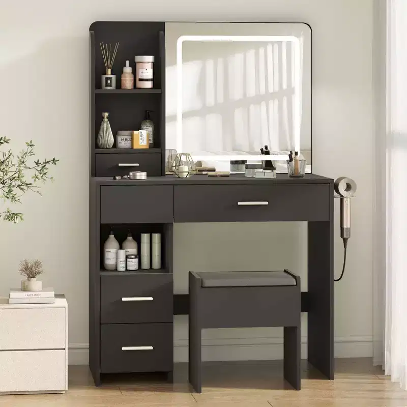 Lighted Makeup Vanity Desk with Mirror, 3 Storage Shelves, 5 Large Drawers and Power Outlet