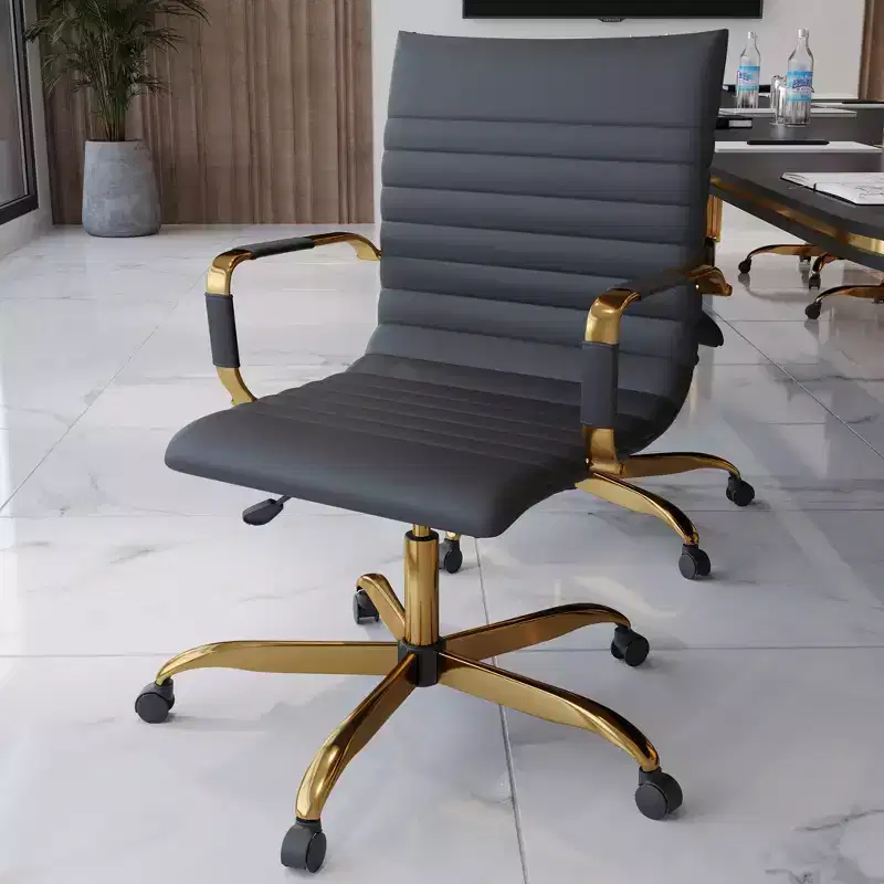 LeisureMod Harris Armless Office Chair - Ribbed Leather with Gold Metal Frame - Modern Swivel & Tilt Desk Chair