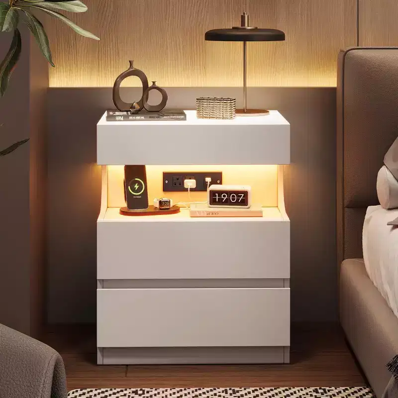 Smart Nightstand with App-Controlled LED Lights, Charging Station and 3 Drawers, White