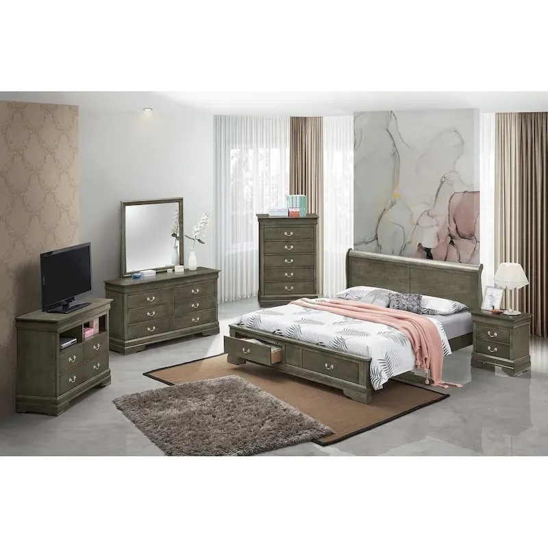 Louis Philippe Queen Storage Sleigh Wood Bed