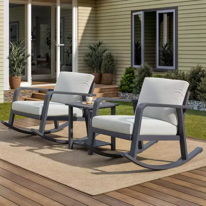 GDFStudio Malan Modern 3-Piece Aluminium Rocking Chair Set with Coffee Table