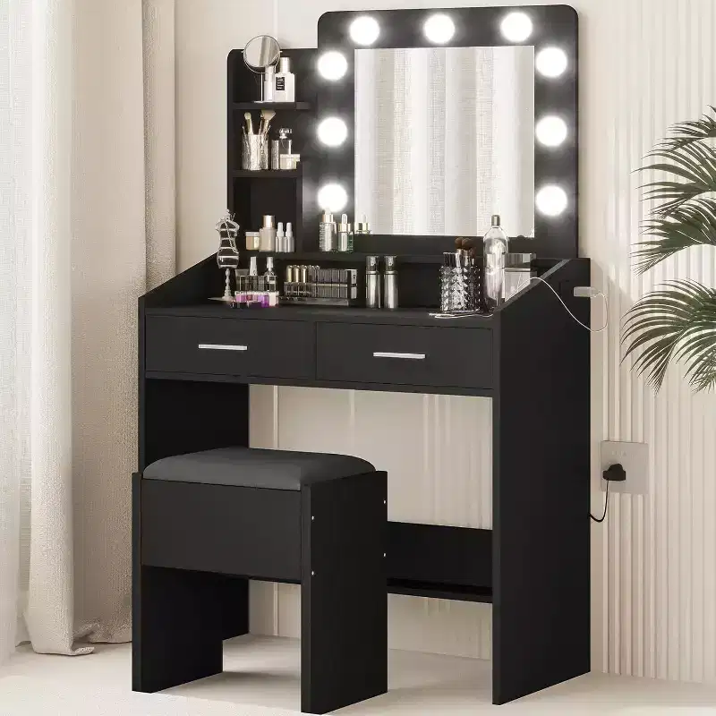 Vanity Desk with Mirror & Lights, Power Outlet, 3 Lighting Modes, 2 Drawers, Makeup Table for Bedroom