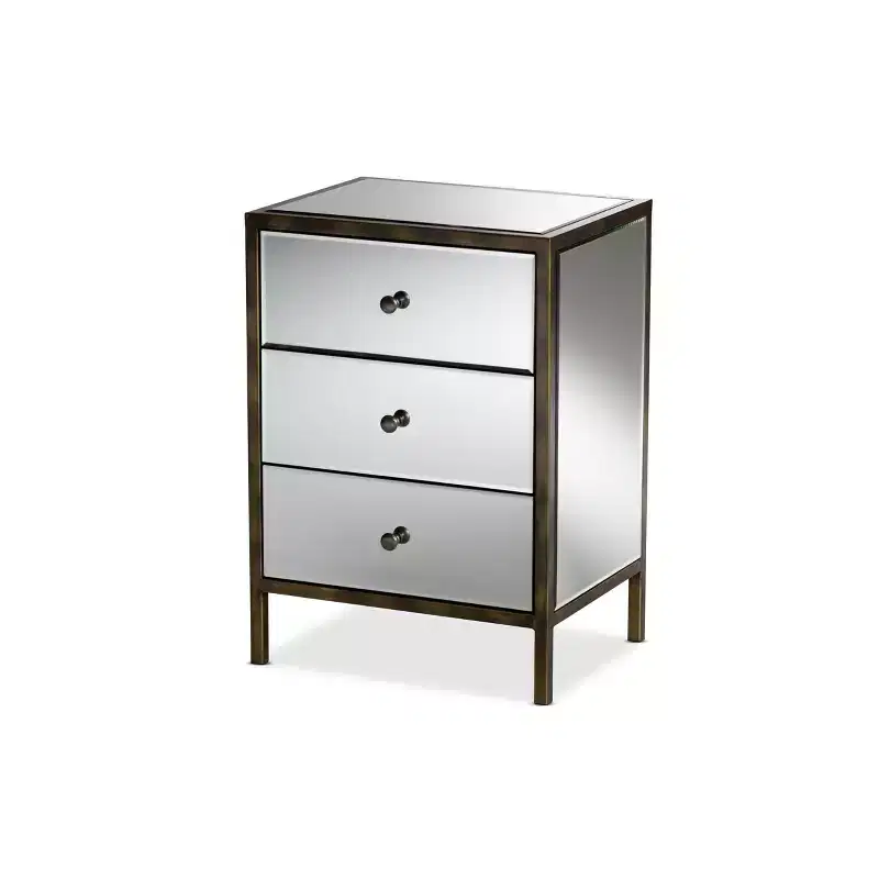 Mirrored 3-Drawer Nightstand with Antique Brass Trim