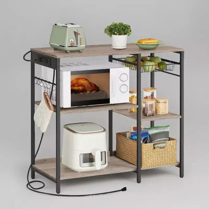 Baker's Rack Coffee Bar Stand with Charging Station, Pull-Out Wire Basket & Adjustable Shelves, 400 lbs