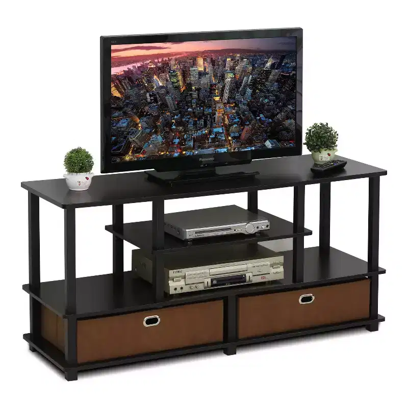 Furinno 4-Tier Large TV Stand for TVs up to 55 TV Console Table w/Open Bookcase Shelves & 2 Storage Drawers