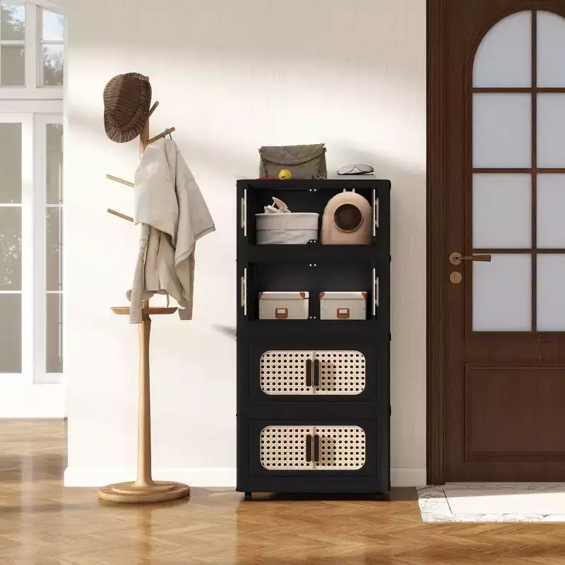 MAYEERTY 20 Side 5 Tiers Plastic Folding Storage Cabinet with Magnetic Door Wheels for Living Room Retro Black