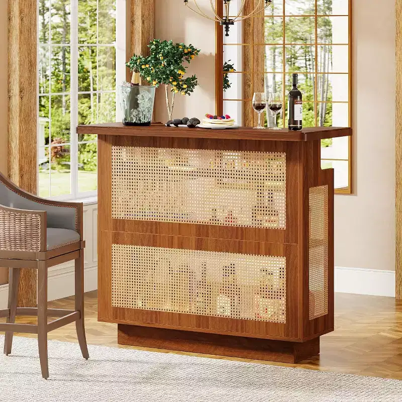 Rattan Home Bar Unit, Farmhouse 4-Tier Bar Table with 4 Stemware Racks , Caramel Brown