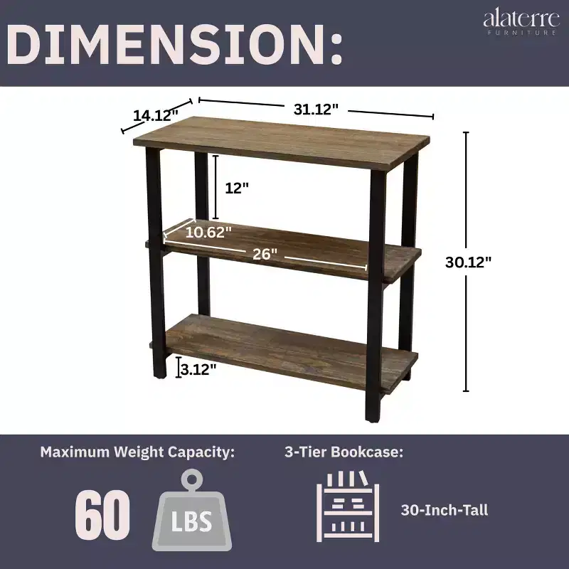 31" Pomona 2 Shelf Bookshelf Metal and Solid Wood Natural - Alaterre Furniture