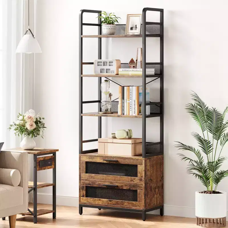 Rustic-style bookshelf, four-tier storage rack, suitable for bedrooms, living rooms, and home offices