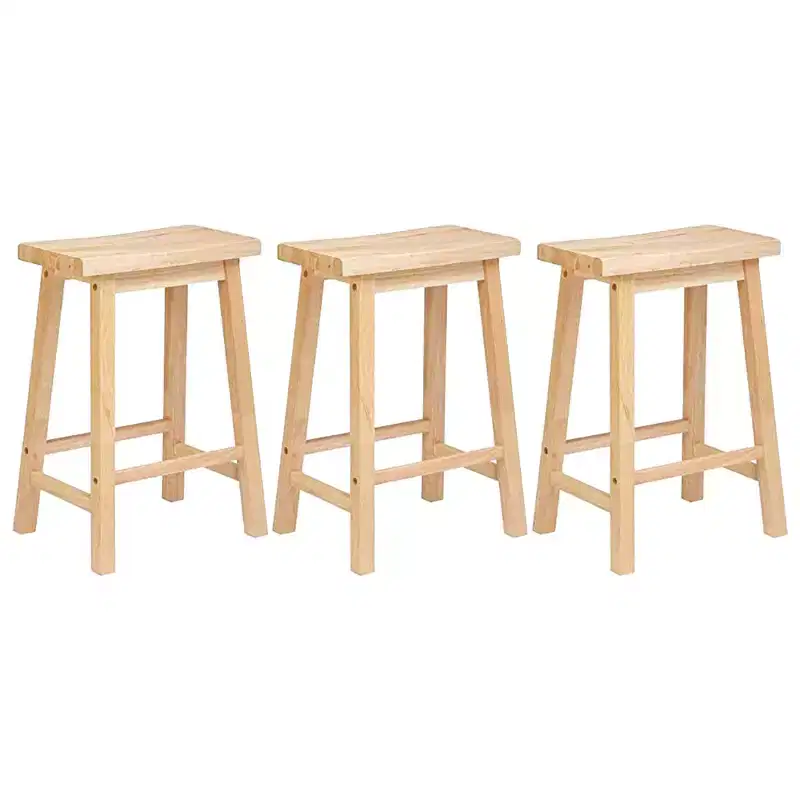PJ Wood Classic Saddle-Seat 29 Tall Kitchen Counter Stool for Homes, Dining Spaces, and Bars w/Backless Seat, 4 Square Legs, Natural (3 Pack)
