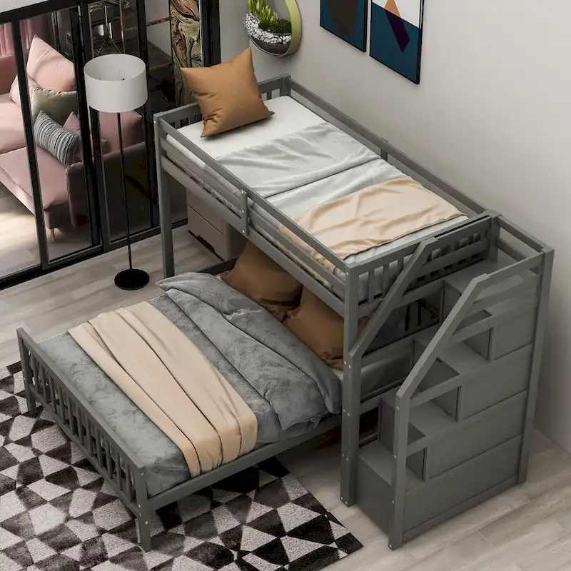 Twin Over Full Wood Loft Bed with Staircase,High Guardrails and Ladder