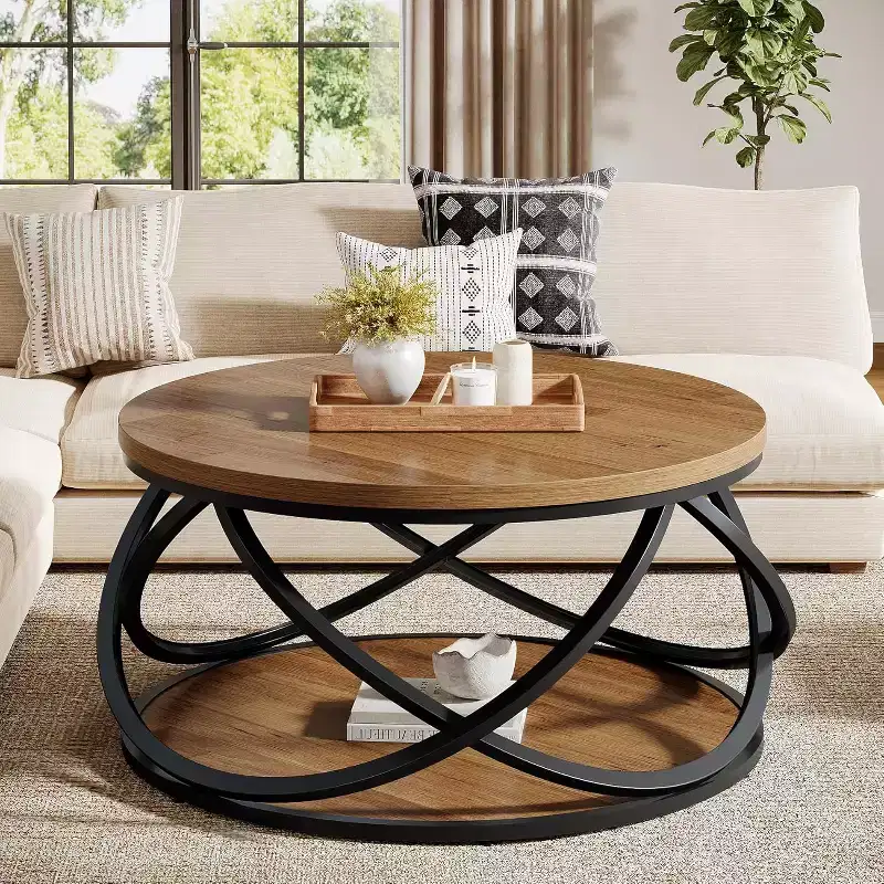 Brown 2-Tier Round Coffee Table, Wood & Metal, 1-Person Use