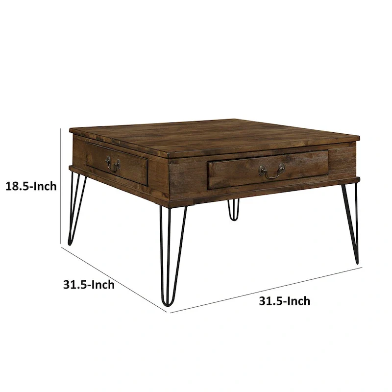 32 Inch Square Cocktail Coffee Table with 2 Drawers, Brown Wood, Black Legs
