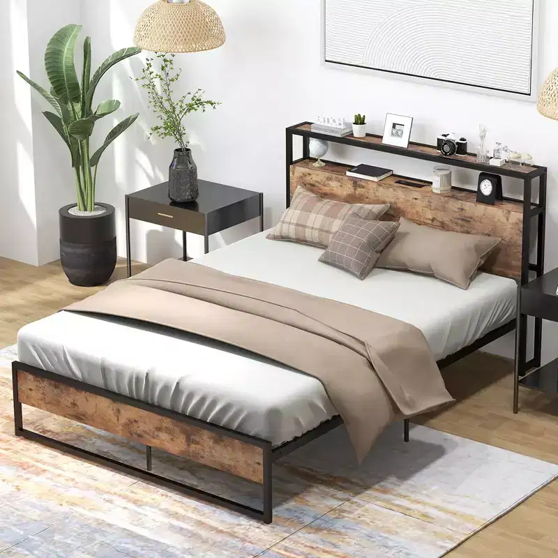 Full Size Industrial Platform Bed Frame with Charging Station & Storage Headboard
