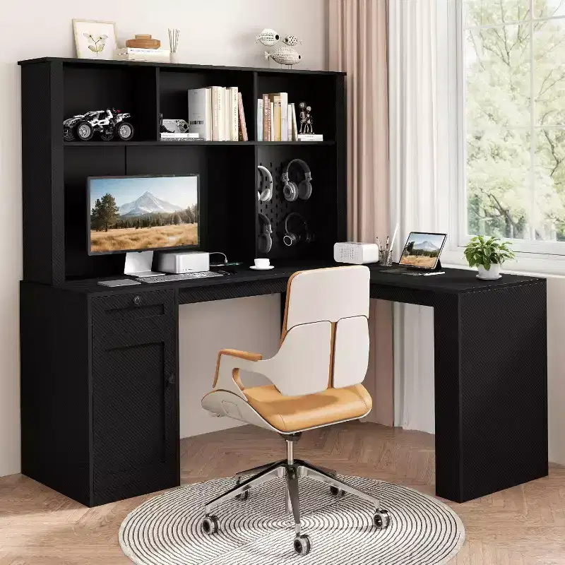 MooxvMoo L Shaped Desk with Outlets, Drawers and Bookshelf, Modern Corner Computer Desk for Home Office or Gaming, Black