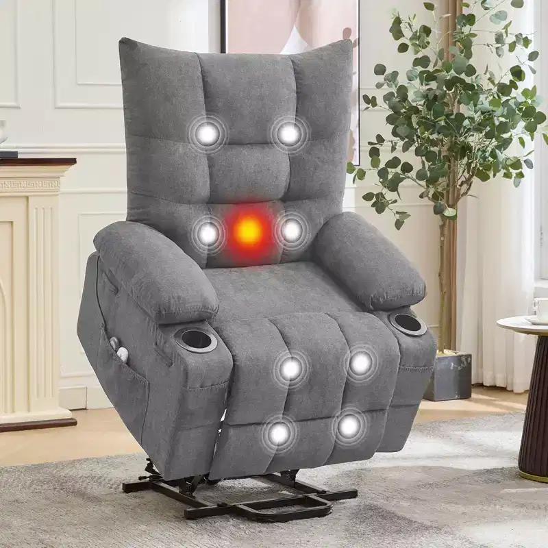 Power Lift Recliner Chair, Electric Massage & Heat Recliner with 45 Assist Stand, with Soft Padded Upholstery, Side Pocket & Cup Holders