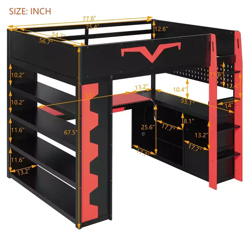 Luxystar Modern Gaming Full Loft Bed With Lighted Desk And Keyboard Tray, Pegboard, Storage Bookcase