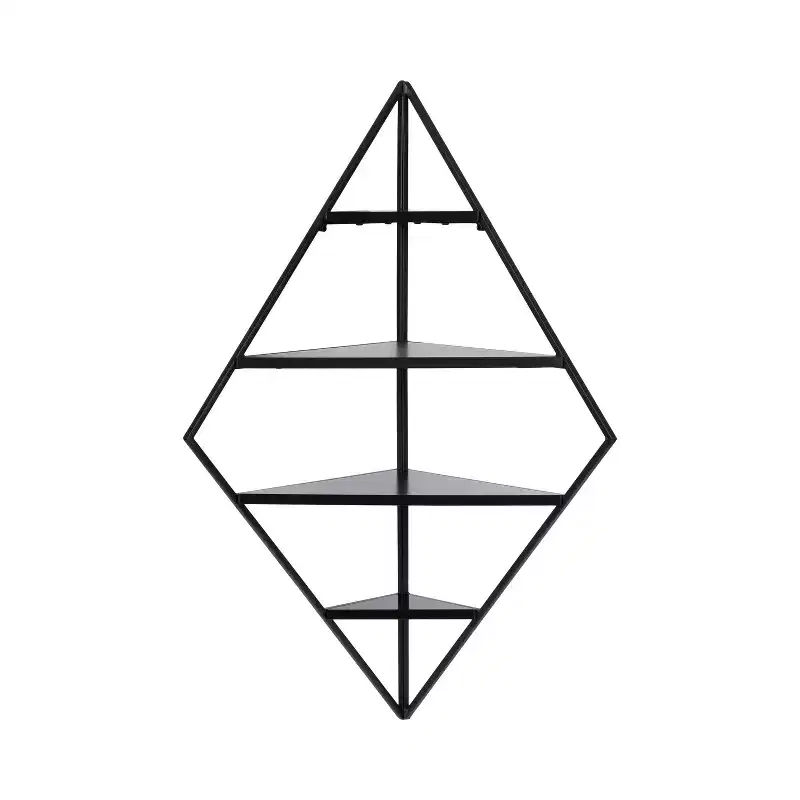 Black Metal & Wood Diamond Corner Wall Shelf, 4 Tiers, 23
