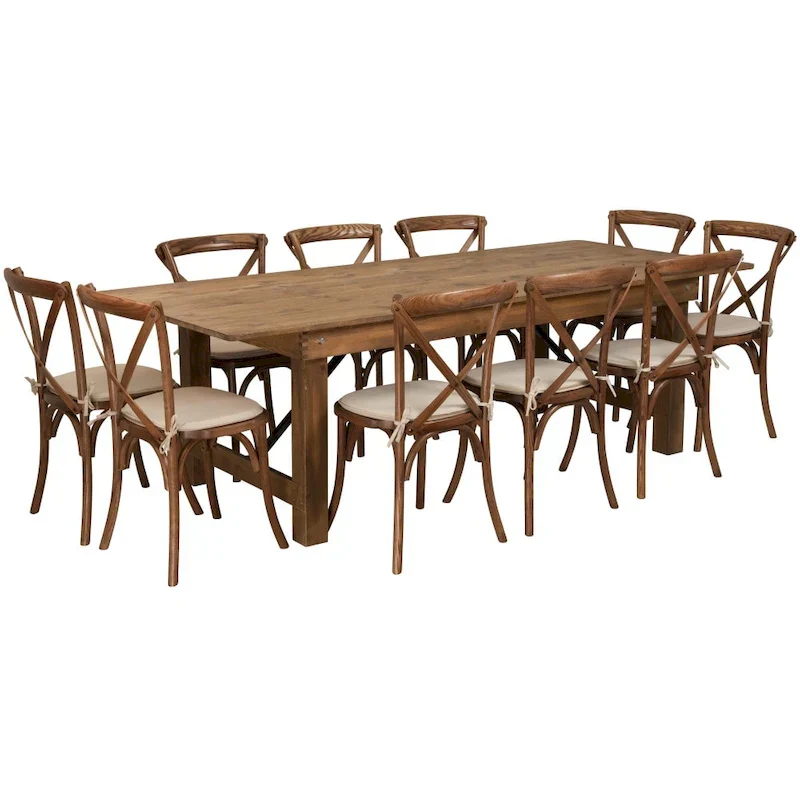8 x 40 Rustic Folding Farm Table Set with 10 Cross Back Chairs and Cushions