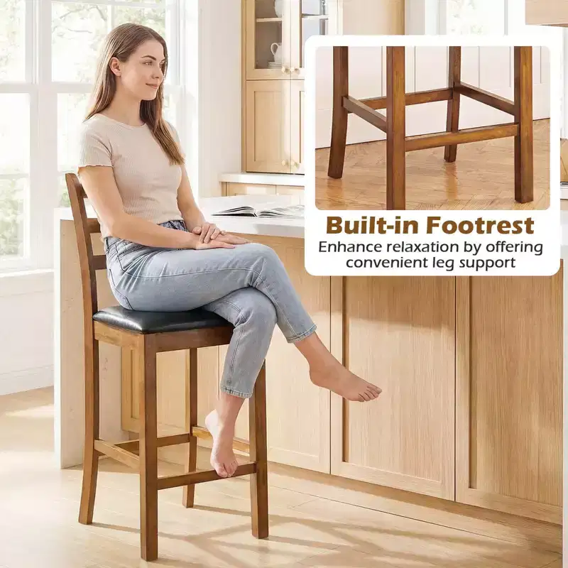 Costway 24 Rubber Wood Ladder Back Bar Stools Set of 2/4 with Upholstered Cushioned Seats Walnut and Black