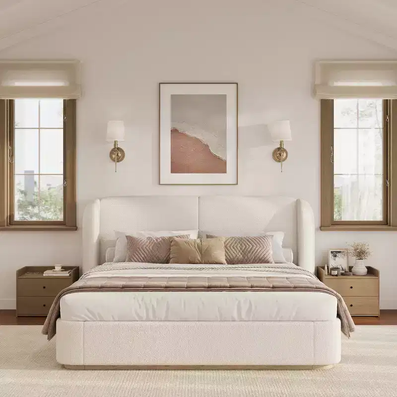 King Modern Platform Bed Frame with Double Pillow Headboard, Upholstered, Soft Boucle Fabric, Winged Side Design, Solid Wood Slats