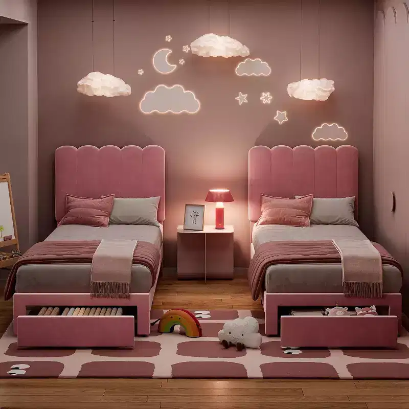 Twin Platform Bed Frame with Storage Drawer, Upholstered Headboard & Strong Wooden Slats