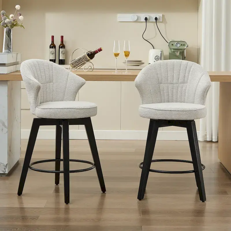 White / Blue / Dark Grey Swivel Bar Stools, Set of 2, Chenille Cushioned Counter Height Chairs with Metal Legs