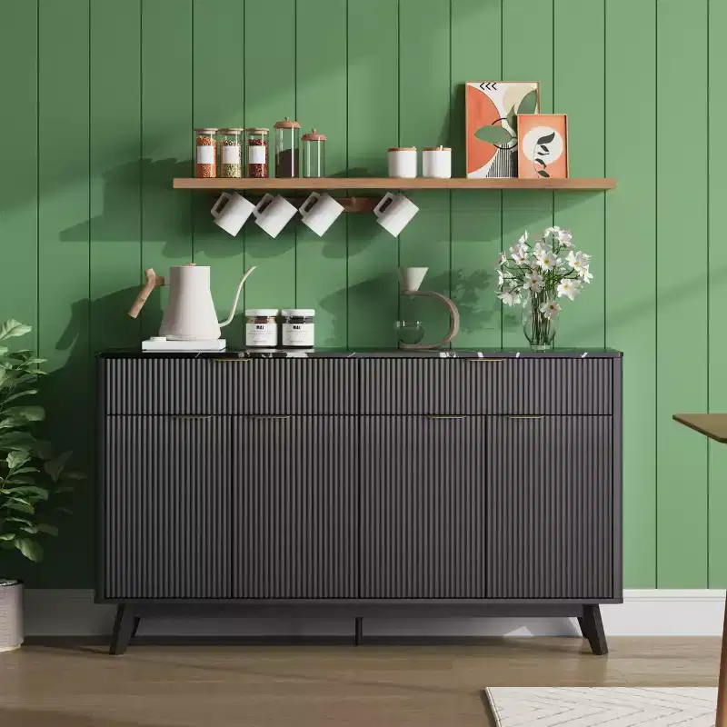 60 Inch Fluted Buffet Cabinet with 2 Drawers and 4 Doors, Modern Sideboard Storage Cabinet for Dining Room, Living Room, Entryway