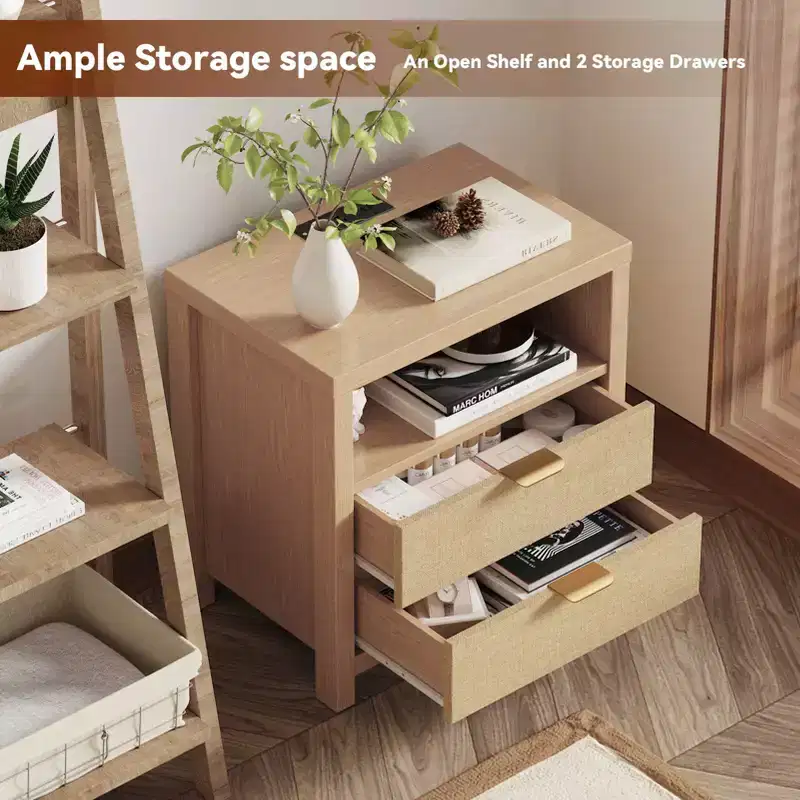 Natural Oak Nightstand With Charging Station 2 Drawer Wood Bedside Table Storage Shelf Modern Farmhouse Bedroom Furniture Accent Cabinet End Table