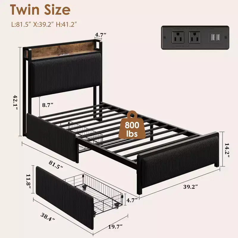 Platform Bed Frame with Storage Drawers and USB Charging, Black Corduroy Upholstered Headboard, Noise-Free, No Box Spring Needed