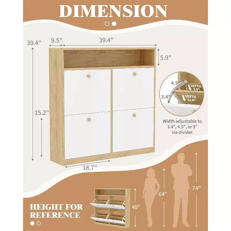 Modern Shoe Storage Cabinet with 4 Flip Drawers, Space-Saving Shoe Organizer with Wooden Handles for Entryway, Hallway or Bedroom