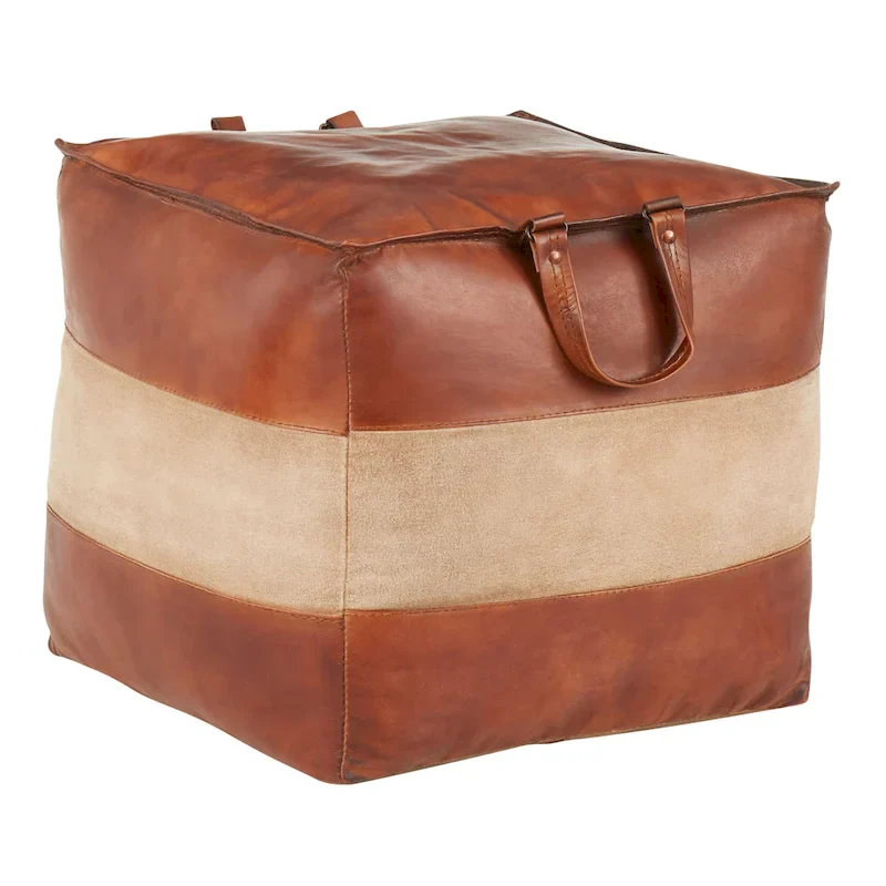Leather & Canvas Pouf Ottoman – Brown/Tan, Black/Grey, Espresso/Tan – 1 Person